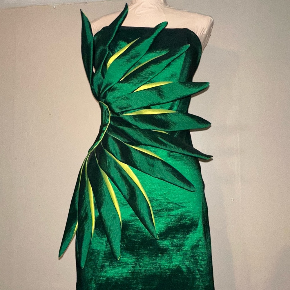 Cinderella Floral Architect Green Strapless Asymmetrical Cocktail Dress